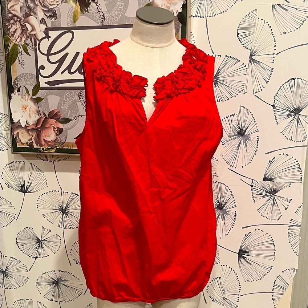 Loft L Red Sleeveless Top with Floral Neckline